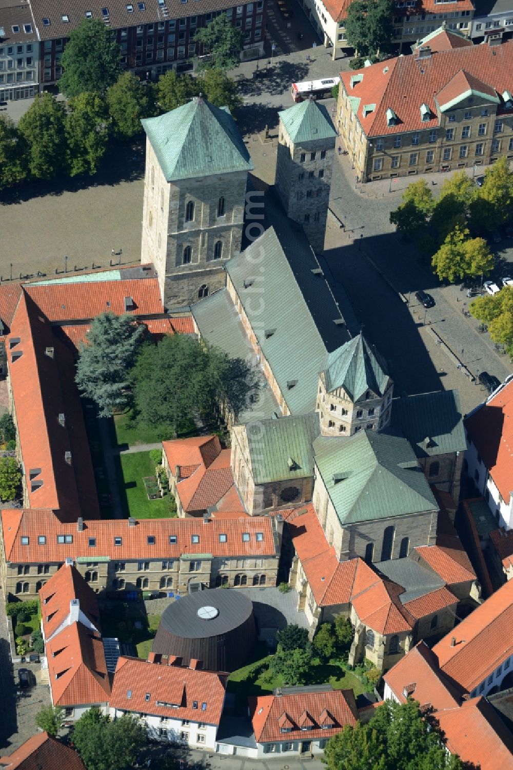 Osnabrück from above - Church building of the cathedral of St.Peter in Osnabrueck in the state of Lower Saxony. Marienkirche church is located in front of the cathedral