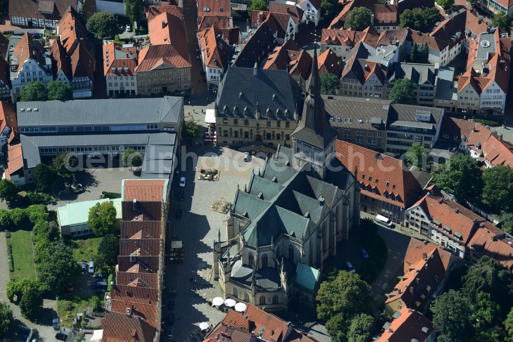 Osnabrück from above - Church building of the cathedral of St.Peter in Osnabrueck in the state of Lower Saxony. Marienkirche church is located in front of the cathedral