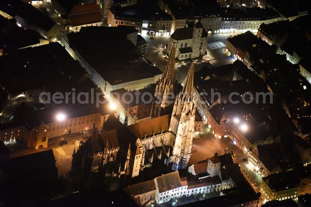 Aerial photograph Regensburg - Night view Church building of the cathedral of - Dom St Peter in Regensburg in the state Bavaria