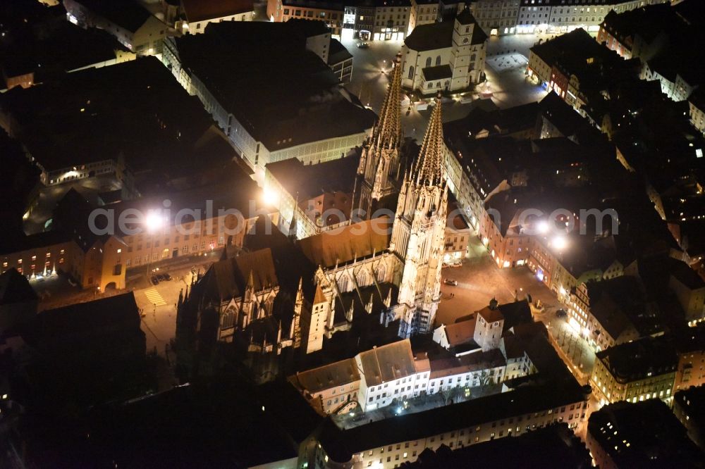 Regensburg from above - Night view Church building of the cathedral of - Dom St Peter in Regensburg in the state Bavaria