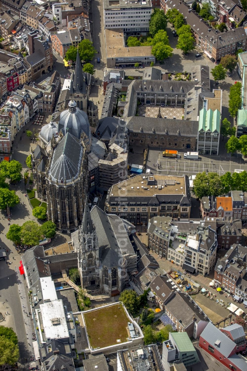 Aachen from above - Church building of the cathedral at Aachen in North Rhine-Westphalia. Called the Aachen Cathedral, also Imperial Cathedral or Aachener Muenster, on Cathedral Square of the Old Town- center in Aachen is the episcopal church of the diocese of Aachen. The cathedral was added to the UNESCO list of world cultural heritage