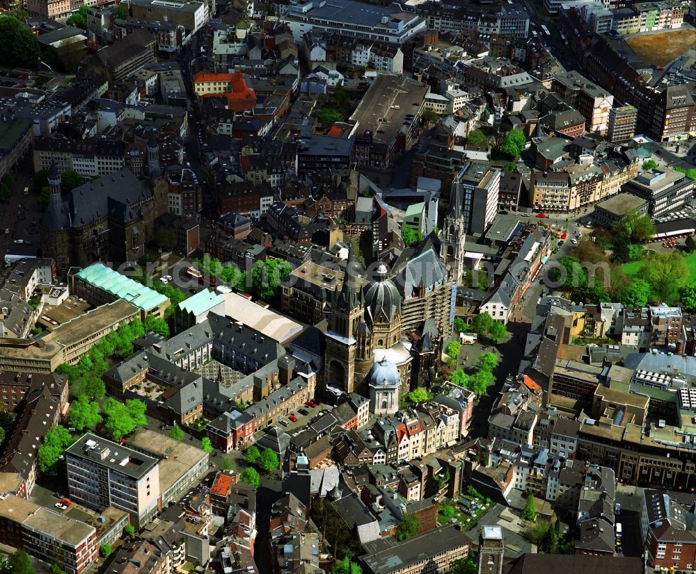Aachen from above - Church building of the cathedral Aachener Dom in the old town in Aachen in the state North Rhine-Westphalia, Germany