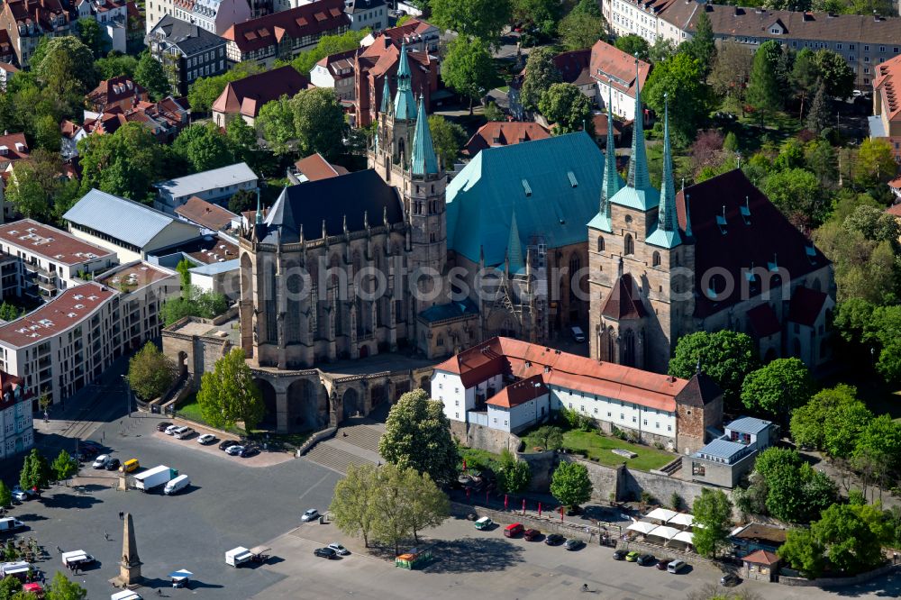 Erfurt from above - Church building of the cathedral on plave Domplatz in the old town in the district Altstadt in Erfurt in the state Thuringia, Germany