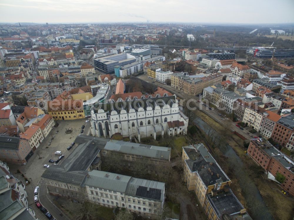 Halle (Saale) from above - Church building of the cathedral in the old town in Halle (Saale) in the state Saxony-Anhalt, Germany