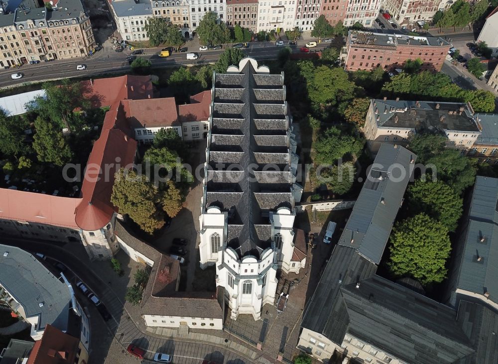 Halle (Saale) from the bird's eye view: Church building of the cathedral in the old town in Halle (Saale) in the state Saxony-Anhalt, Germany