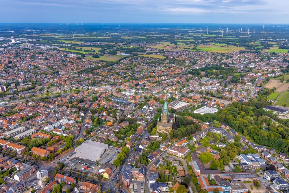 Rheine from above - Church building of the cathedral St. Antonius- Basilika in the old town in Rheine in the state North Rhine-Westphalia, Germany