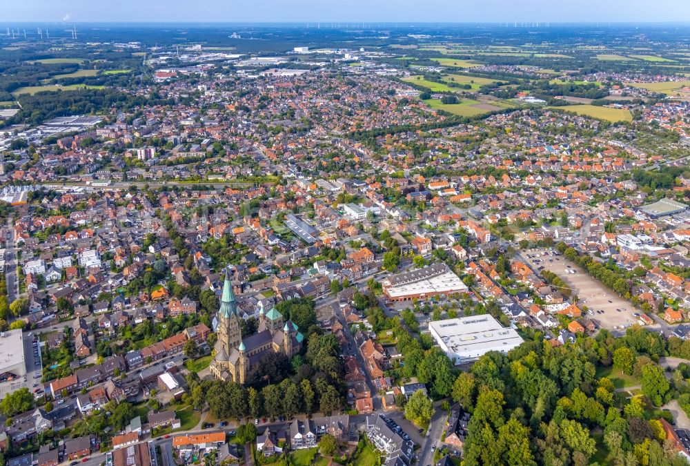 Aerial image Rheine - Church building of the cathedral St. Antonius- Basilika in the old town in Rheine in the state North Rhine-Westphalia, Germany