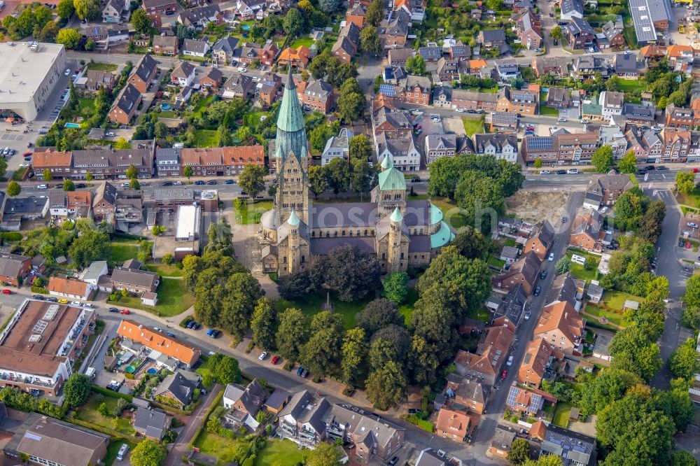 Rheine from above - Church building of the cathedral St. Antonius- Basilika in the old town in Rheine in the state North Rhine-Westphalia, Germany