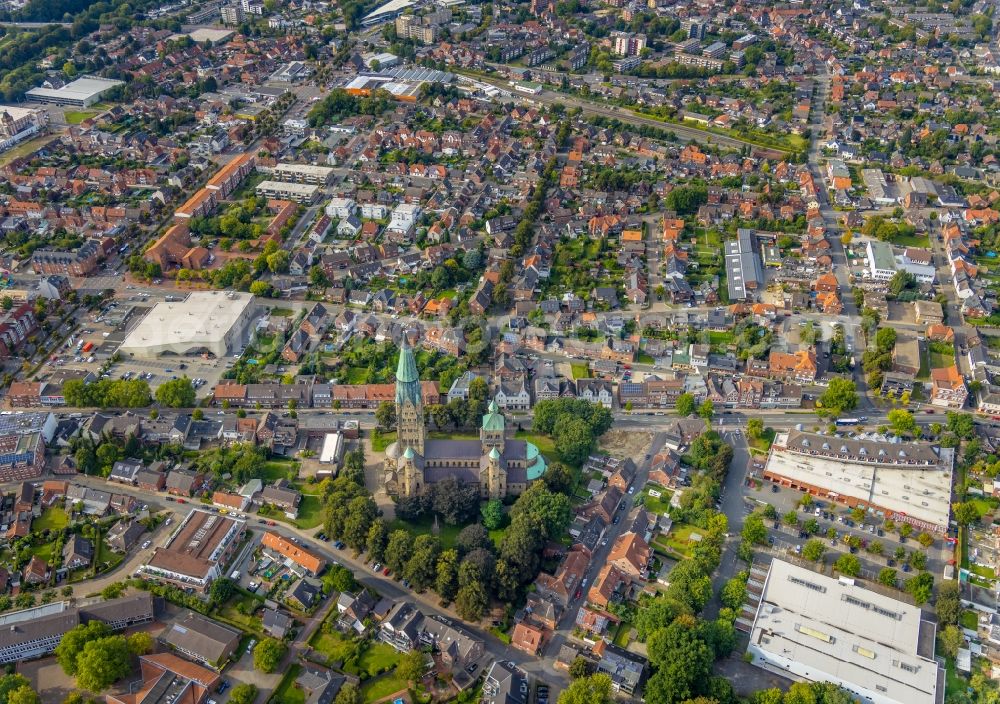 Aerial image Rheine - Church building of the cathedral St. Antonius- Basilika in the old town in Rheine in the state North Rhine-Westphalia, Germany