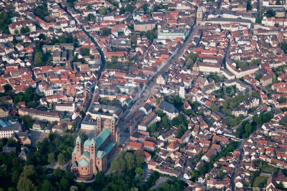 Speyer from above - Church building of the cathedral in the old town in Speyer in the state Rhineland-Palatinate