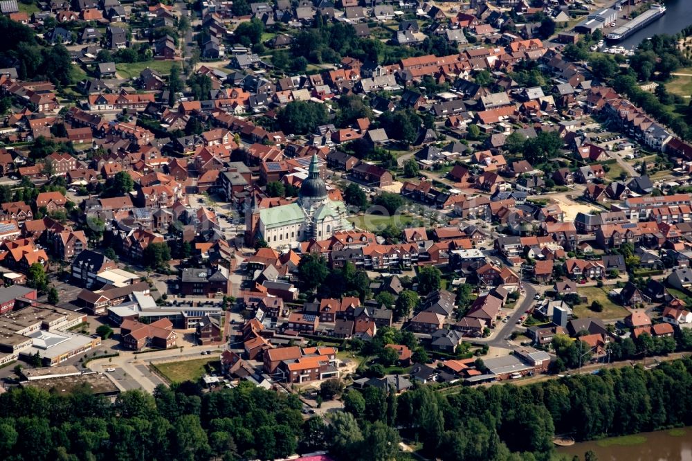 Haren (Ems) from the bird's eye view: Church building of the cathedral in the old town in Haren (Ems) in the state Lower Saxony, Germany