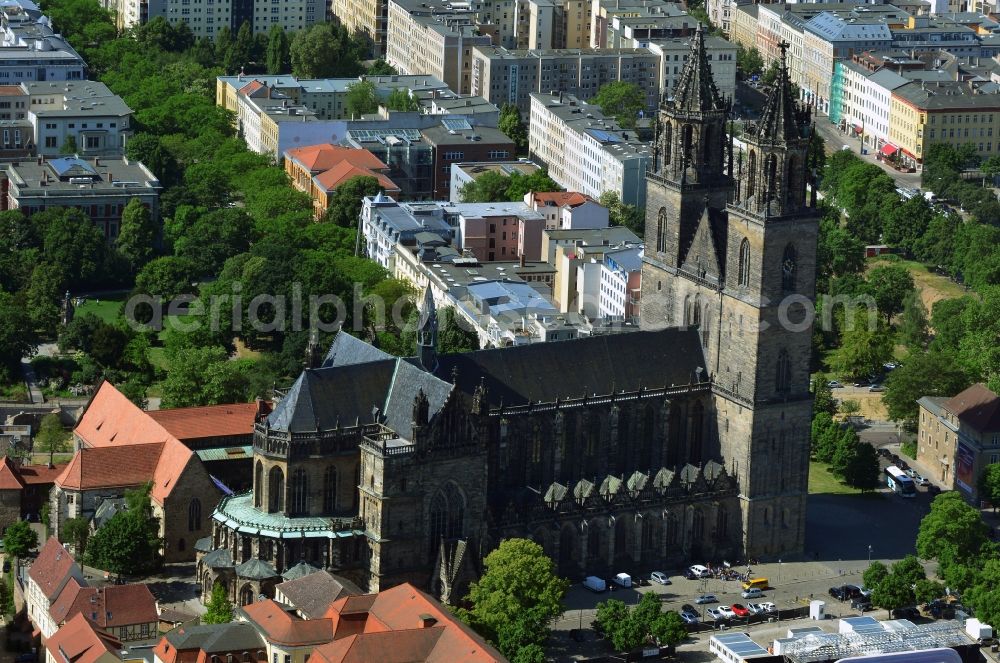 Magdeburg from the bird's eye view: Church building of the cathedral in Magdeburg in the state Saxony-Anhalt