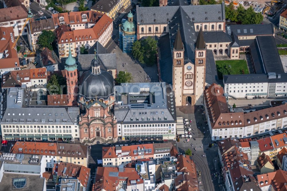 Würzburg from above - Church building of the cathedral Wuerzburger Dom and Neumuenster in the old town in Wuerzburg in the state Bavaria, Germany