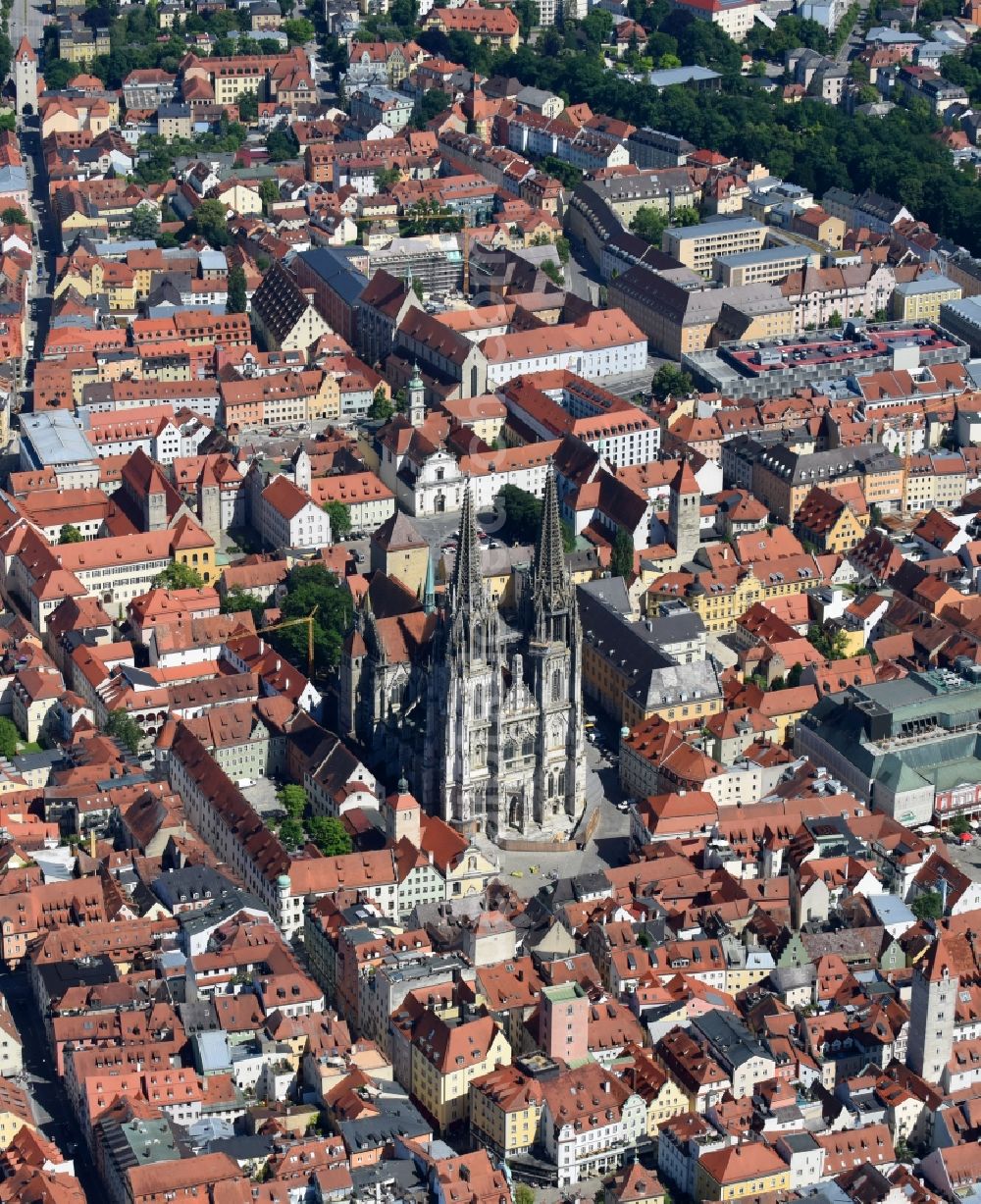 Regensburg from above - Church building of the cathedral St. Peter in the old town in Regensburg in the state Bavaria, Germany