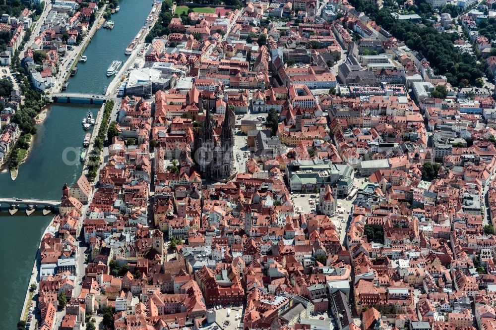 Regensburg from above - Church building of the cathedral St. Peter in the old town in Regensburg in the state Bavaria, Germany