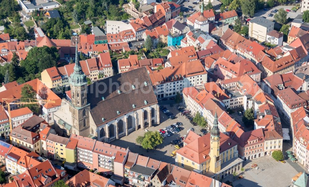 Bautzen from above - Church building of the cathedral in the old town in Bautzen in the state Saxony, Germany