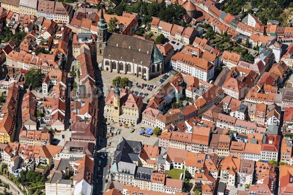 Bautzen from above - Church building of the cathedral in the old town in Bautzen in the state Saxony, Germany