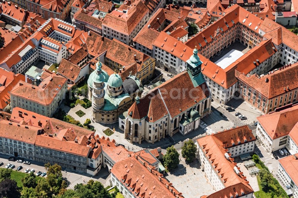 Graz from above - Church building of the cathedral of of Domkirche zum Heiligen Aegydius and die Katholische Kirche with dem Mausoleum von Ferdinand dem II in Graz in Steiermark, Austria