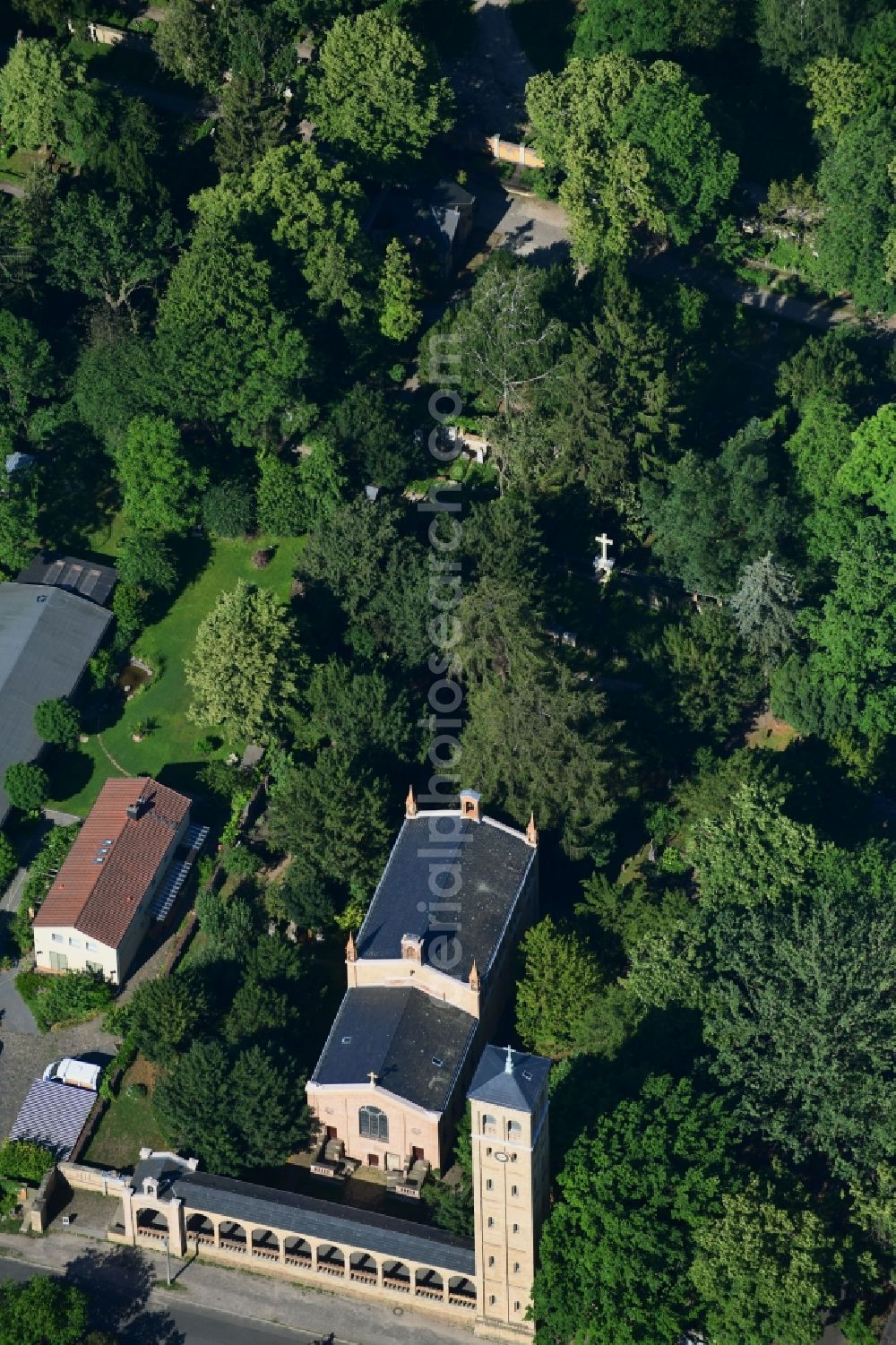 Aerial image Potsdam - Church building of Dorfkirche Bornstedt on Ribbeckstrasse in the district Bornstedt in Potsdam in the state Brandenburg, Germany