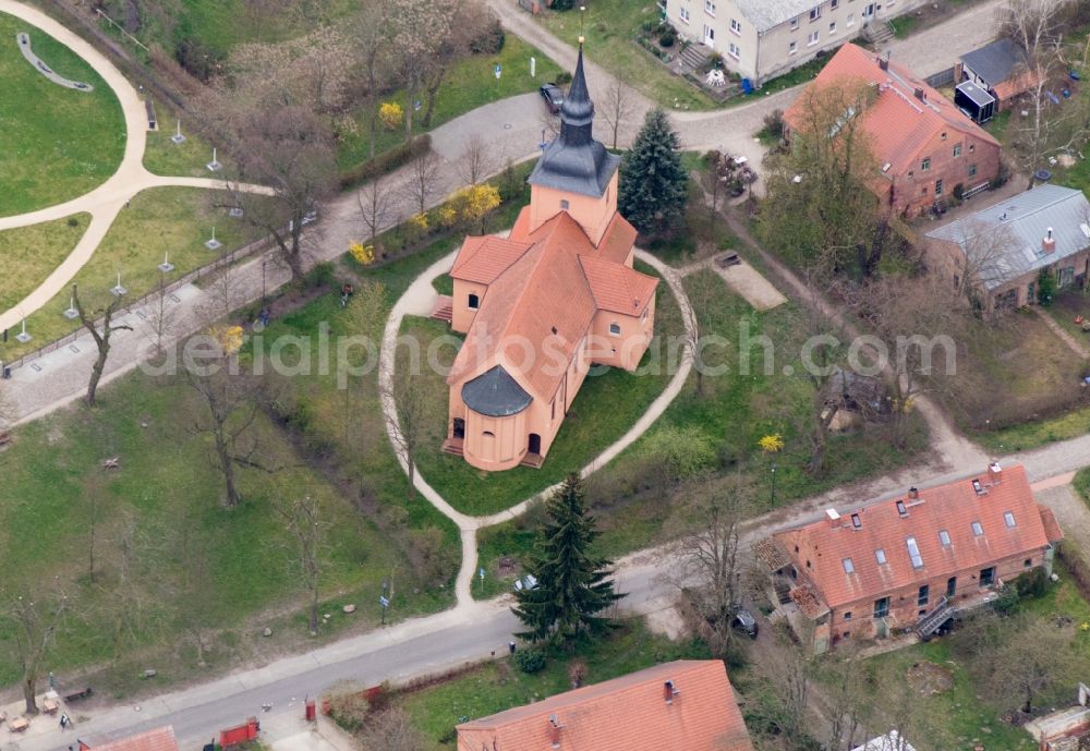 Aerial image Nauen - Church building in Ribbeck in Nauen in the state Brandenburg. Inside is the root of the old PEAR and under the Church is the crypt of Ribbeck