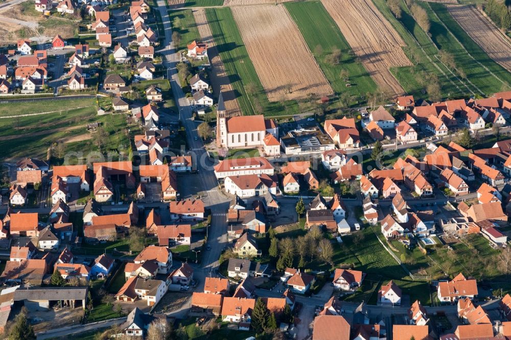 Aerial image Aschbach - Church building in the village of in Aschbach in Grand Est, France