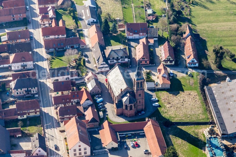 Betschdorf from the bird's eye view: Church building in the village of in Betschdorf in Grand Est, France