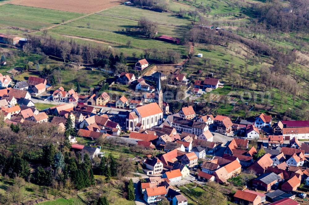 Aerial image Ettendorf - Church building in the village of in Ettendorf in Grand Est, France