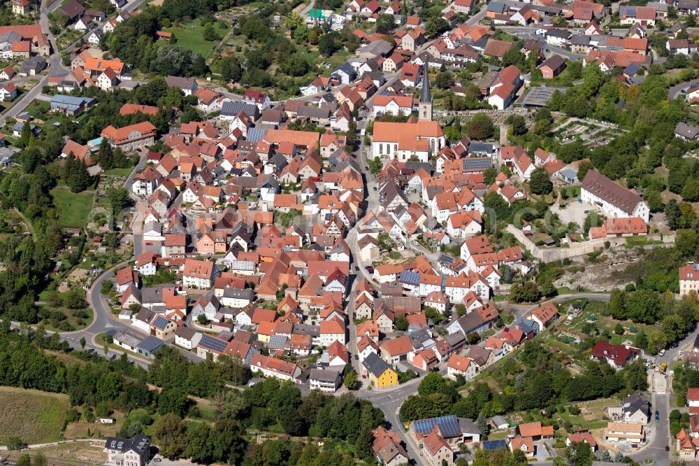 Grünsfeld from above - Church building in the village of in Gruensfeld in the state Baden-Wurttemberg, Germany