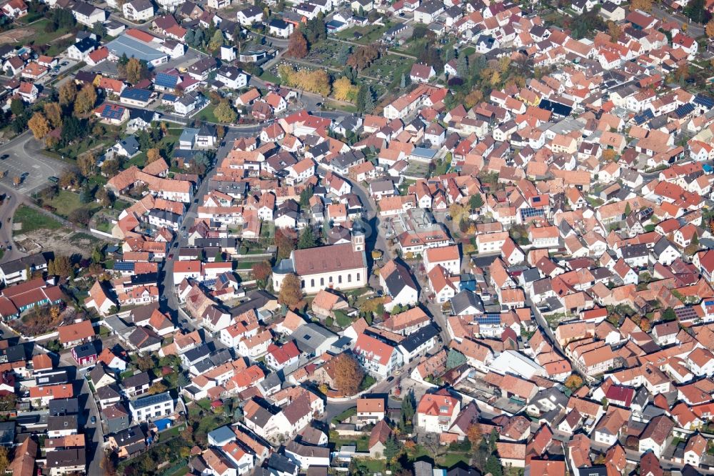 Hagenbach from above - Church building in the village of in Hagenbach in the state Rhineland-Palatinate