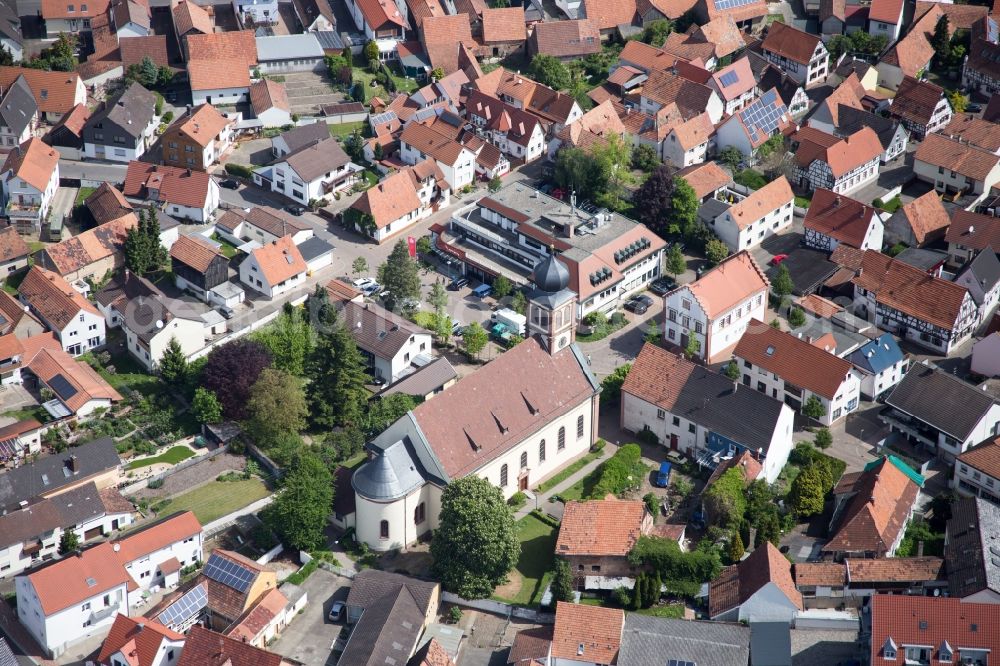 Hagenbach from above - Church building in the village of in Hagenbach in the state Rhineland-Palatinate, Germany