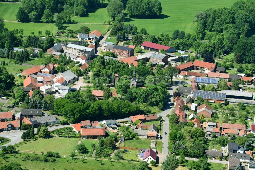 Jeetze from above - Church building in the village of in Jeetze in the state Saxony-Anhalt, Germany