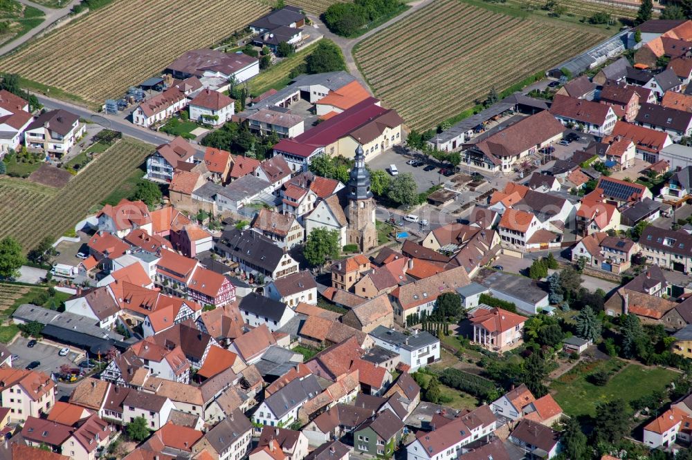 Aerial image Kallstadt - Church building in the village of in Kallstadt in the state Rhineland-Palatinate, Germany