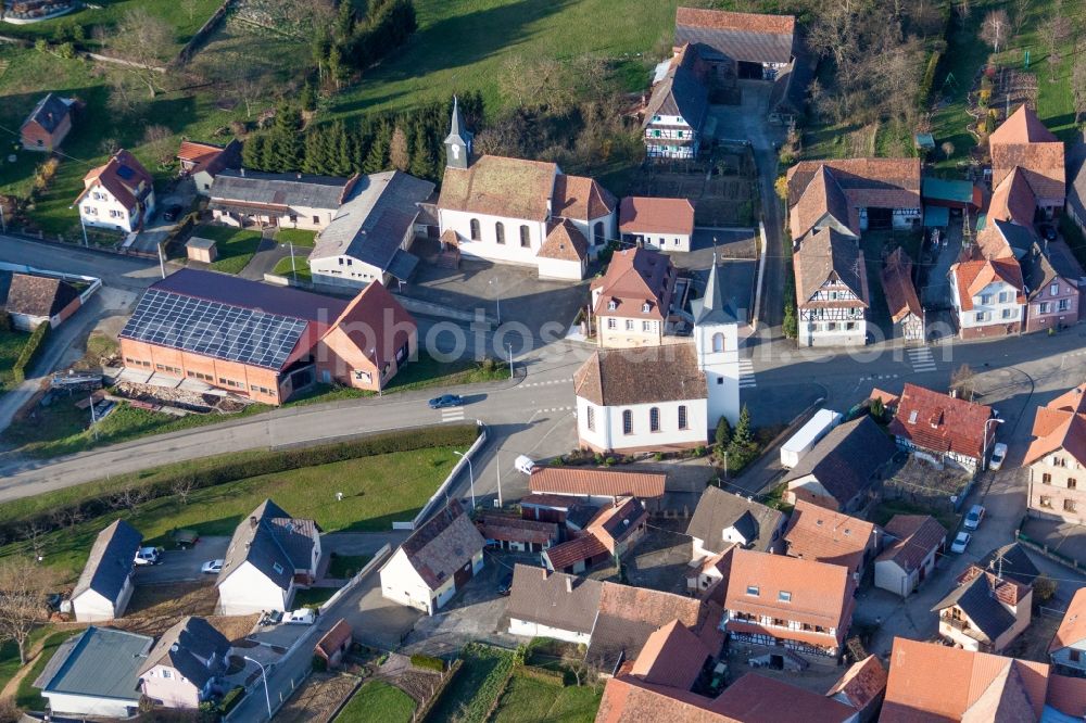 Aerial image Keffenach - Church building in the village of in Keffenach in Grand Est, France