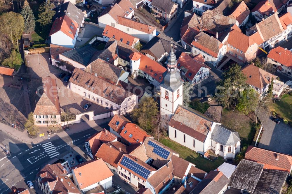 Kirchheim an der Weinstraße from above - Church building in the village of in Kirchheim an der Weinstrasse in the state Rhineland-Palatinate, Germany