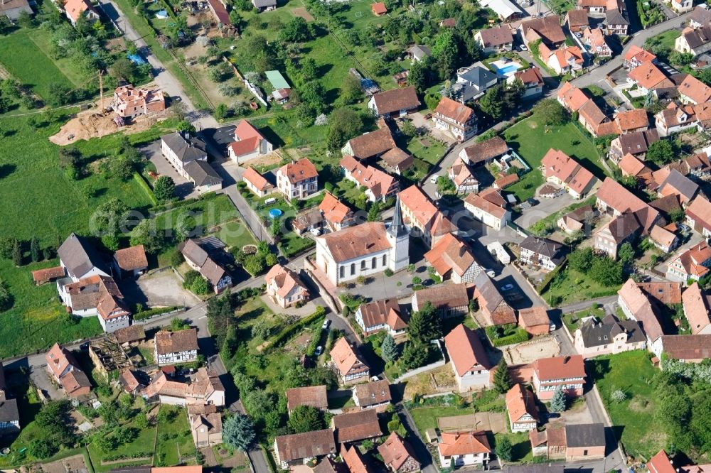 Lampertsloch from above - Church building in the village of in Lampertsloch in Grand Est, France