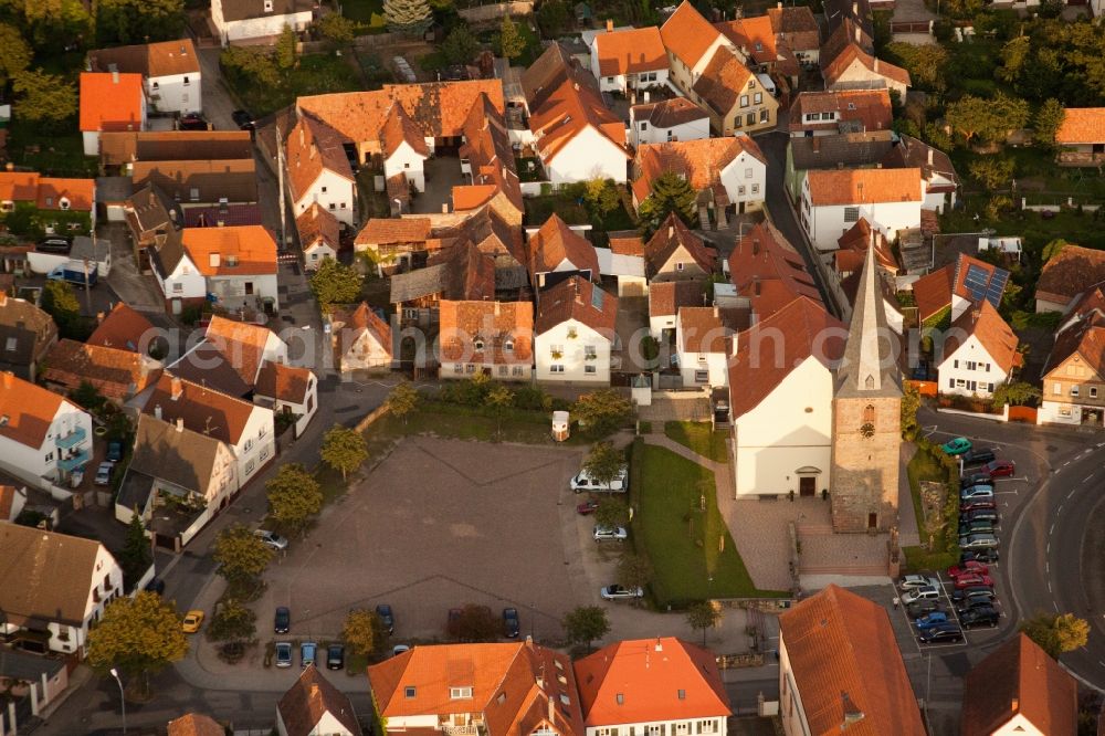 Aerial image Landau in der Pfalz - Church building in the village of in Landau in der Pfalz in the state Rhineland-Palatinate, Germany