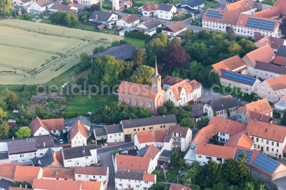 Aerial image Lautersheim - Church building in the village of in Lautersheim in the state Rhineland-Palatinate, Germany