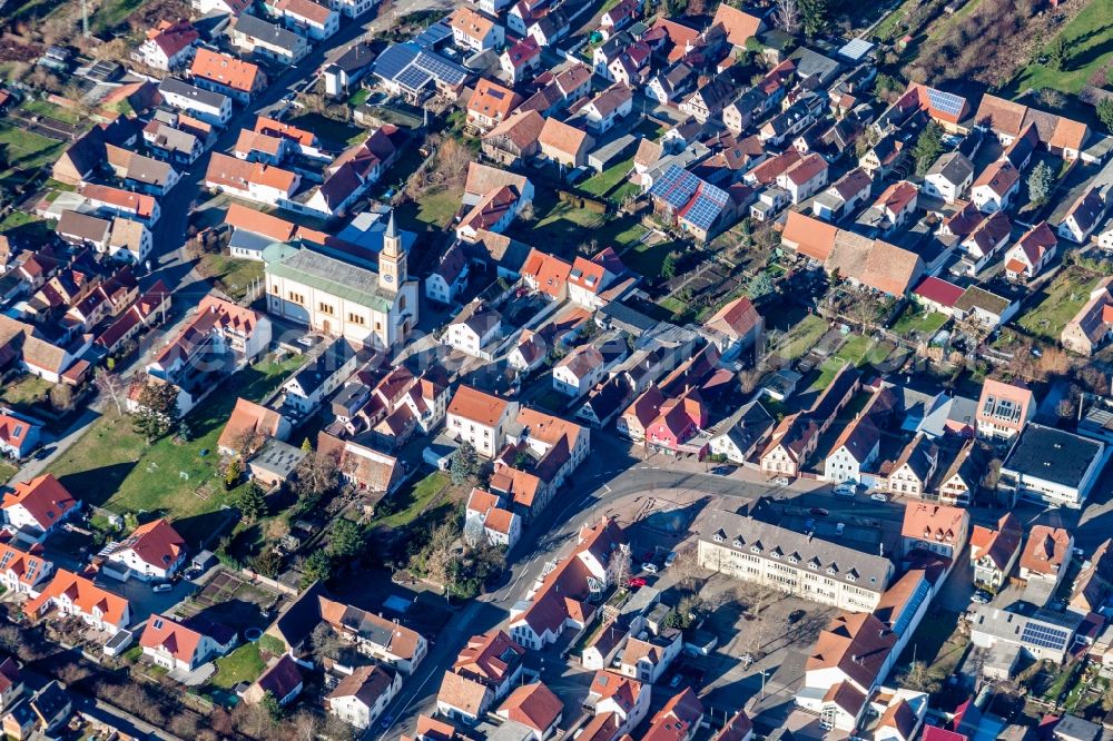 Lingenfeld from above - Church building in the village of in Lingenfeld in the state Rhineland-Palatinate, Germany