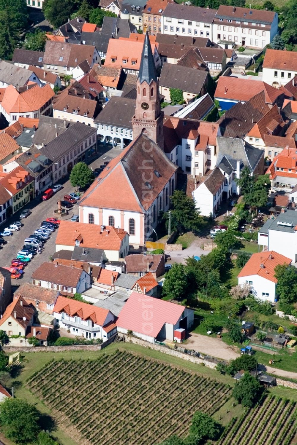 Maikammer from above - Church building in the village of in Maikammer in the state Rhineland-Palatinate