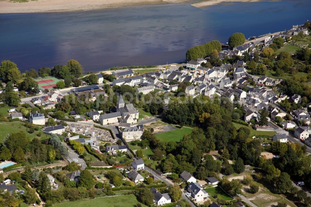 Aerial image Montsoreau - Church building in the village of in Montsoreau in Pays de la Loire, France. Montsoreau was declared one of the most beautiful villages in France by the association Les plus beaux villages de France (the most beautiful villages in France)