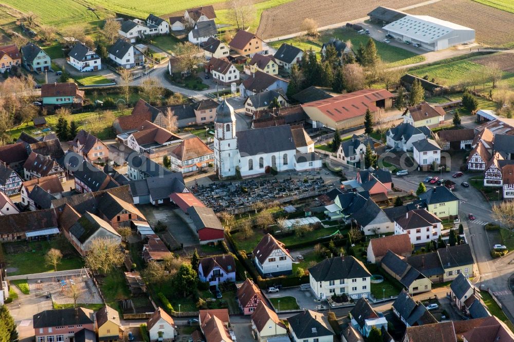 Niederlauterbach from the bird's eye view: Church building in the village of in Niederlauterbach in Grand Est, France