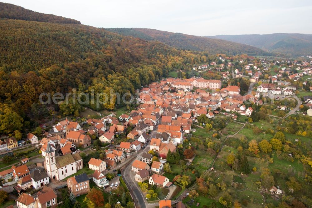 Aerial image Oberbronn - Church building in the village of in Oberbronn in Alsace-Champagne-Ardenne-Lorraine, France