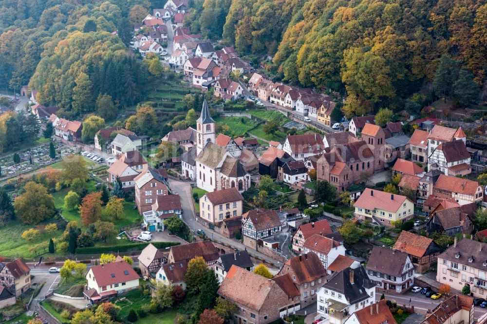 Oberbronn from above - Church building in the village of in Oberbronn in Grand Est, France