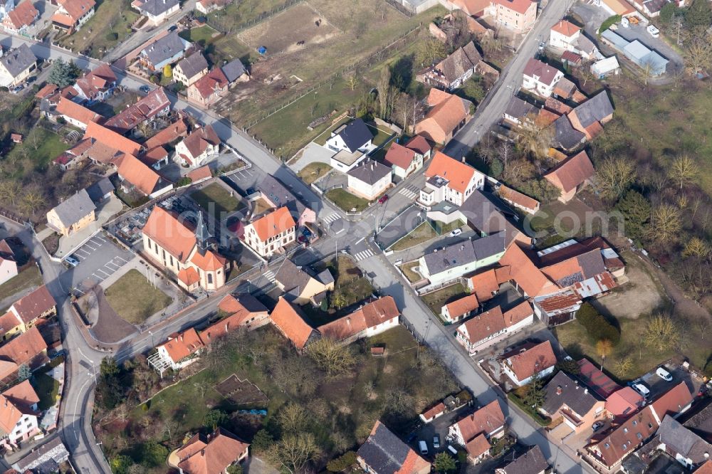 Oberlauterbach from above - Church building in the village of in Oberlauterbach in Grand Est, France