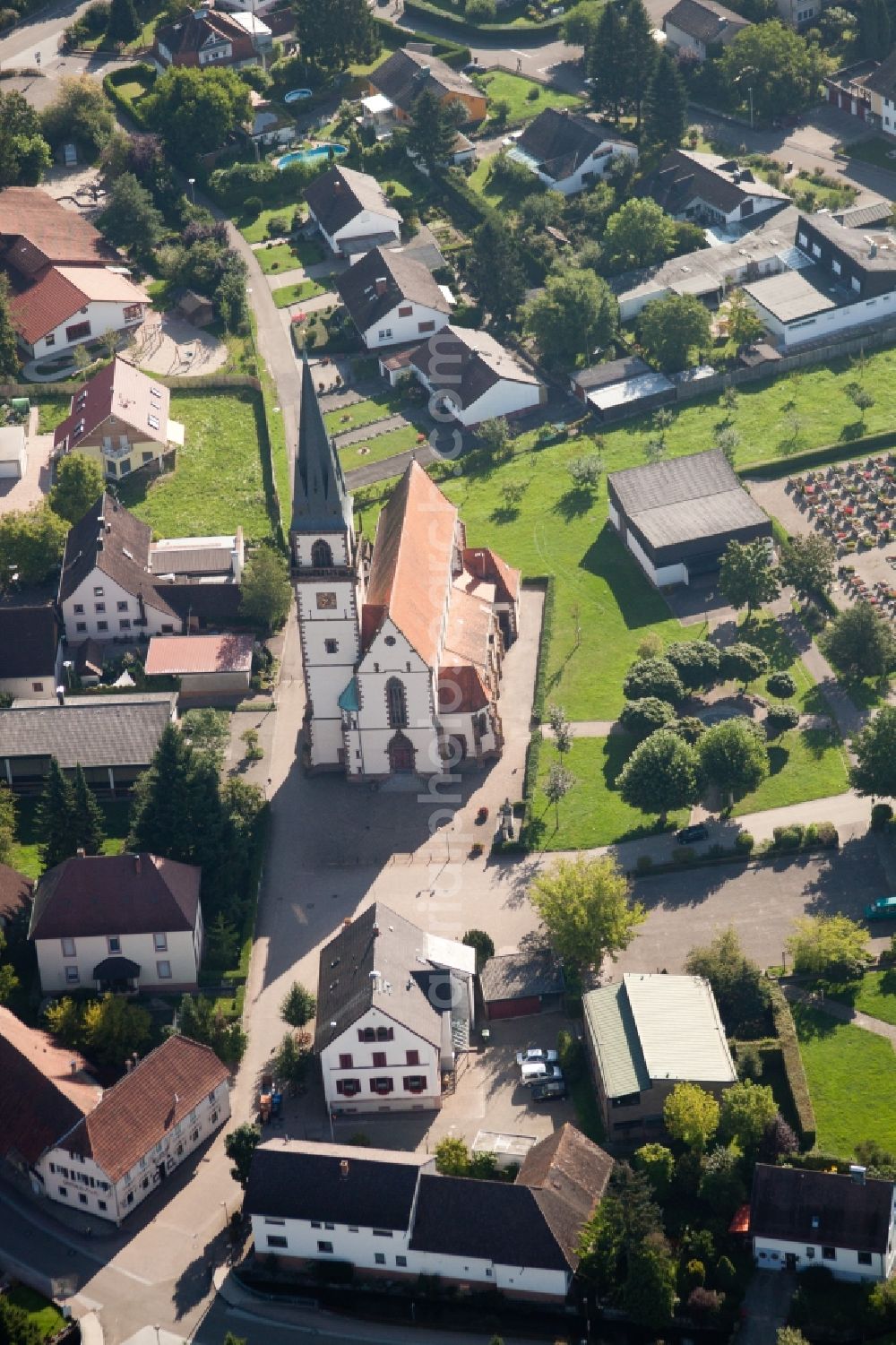 Aerial image Achern - Church building in the village of in the district Grossweier in Achern in the state Baden-Wuerttemberg