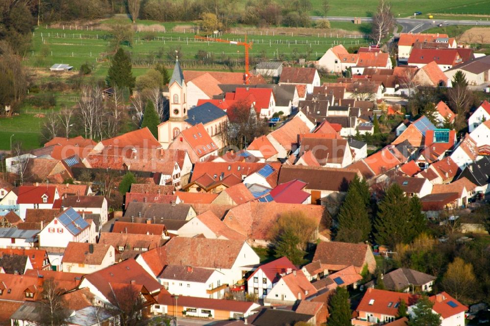 Billigheim-Ingenheim from above - Church building in the village of in the district Ingenheim in Billigheim-Ingenheim in the state Rhineland-Palatinate