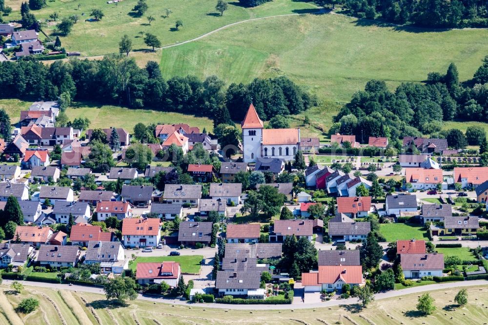 Straubenhardt from above - Church building in the village of in the district Langenalb in Straubenhardt in the state Baden-Wuerttemberg, Germany