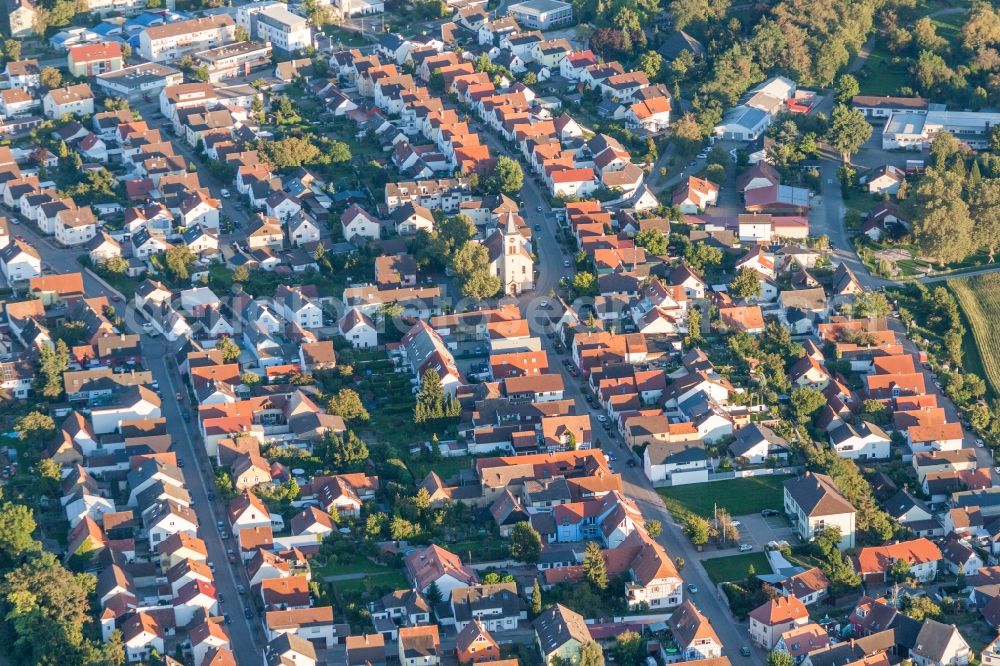 Aerial image Eggenstein-Leopoldshafen - Church building in the village of in the district Leopoldshafen in Eggenstein-Leopoldshafen in the state Baden-Wuerttemberg, Germany