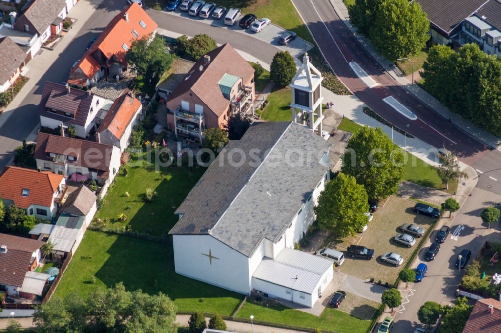 Aerial image Linkenheim-Hochstetten - Church building in the village of in the district Linkenheim in Linkenheim-Hochstetten in the state Baden-Wuerttemberg, Germany