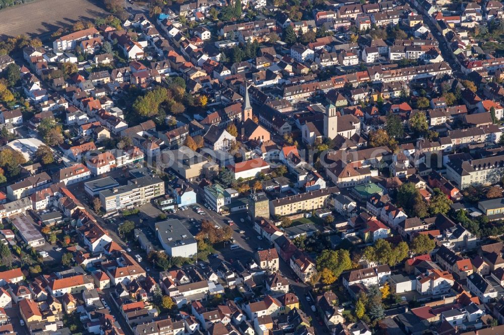 Ludwigshafen am Rhein from above - 2 Church buildings in the village of in the district Oppau in Ludwigshafen am Rhein in the state Rhineland-Palatinate, Germany